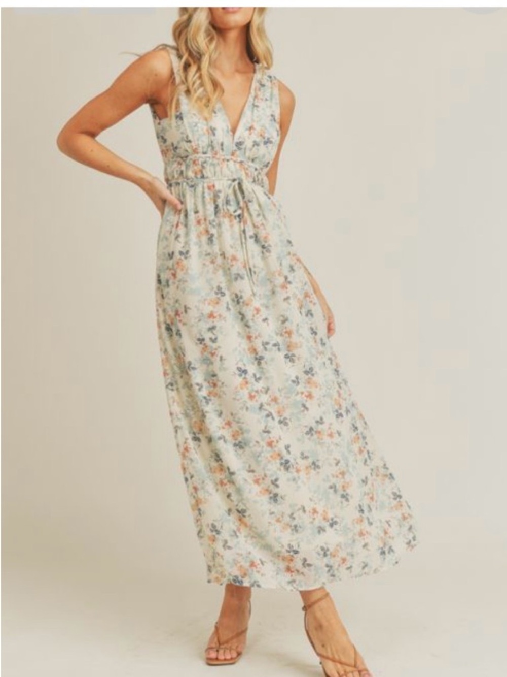 Lush Mint Floral V-Neck Maxi Dress Sz Large Romantic Cottagecore Feminine Cruise